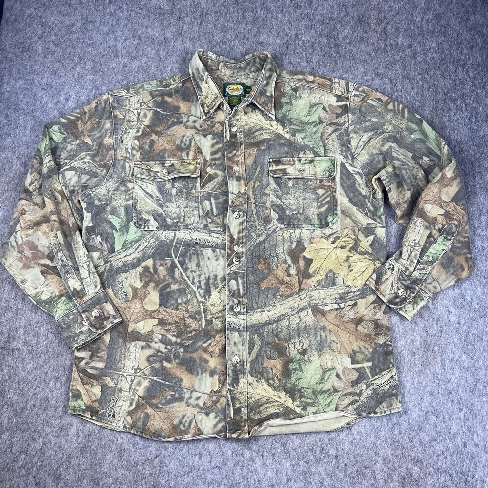 Vtg Cabelas Mens Button Down Shirt Advantage Timber Camo Shacket 90's Size L Reg